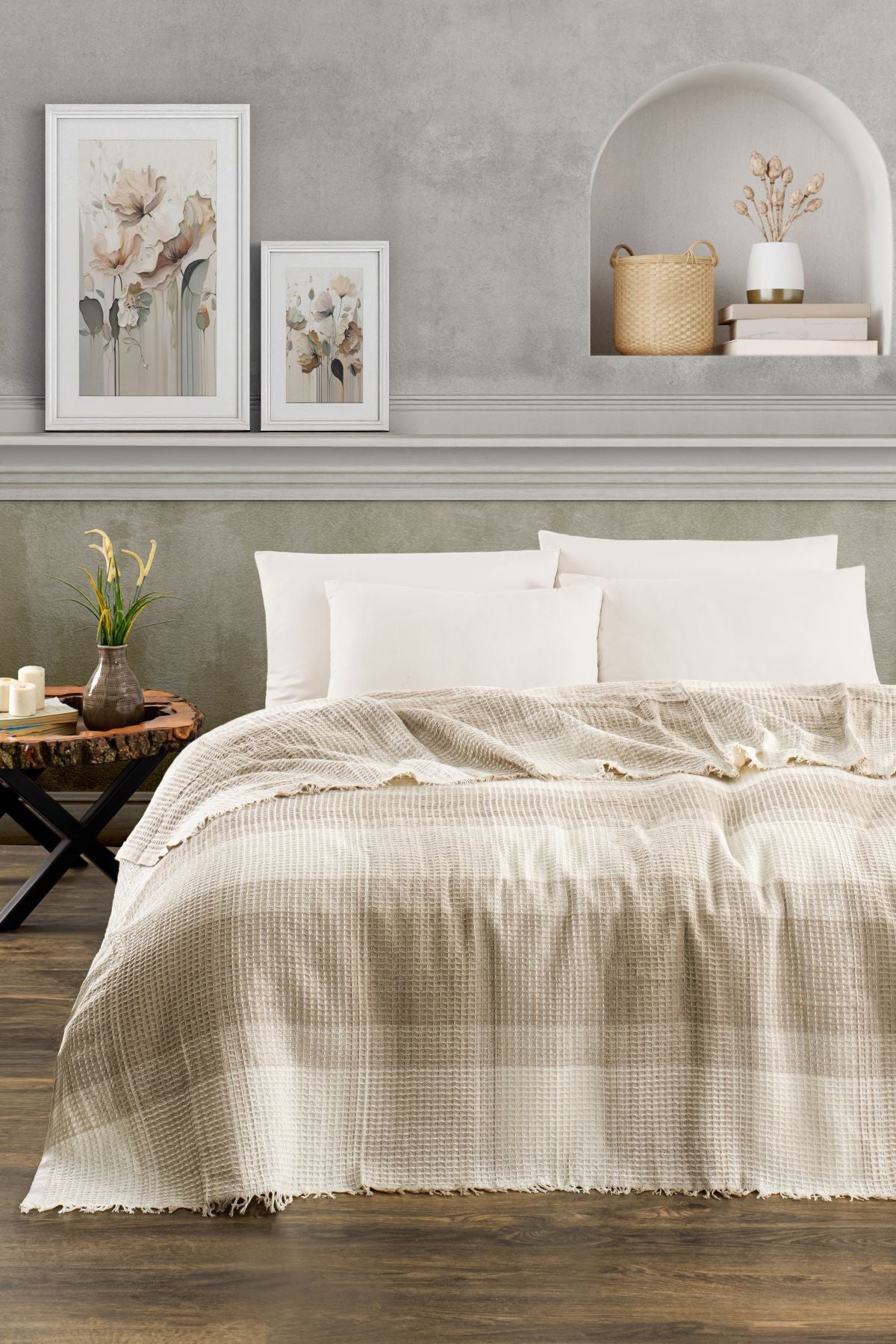 Carre -Ekose Bej Çift Kişilik  Pike